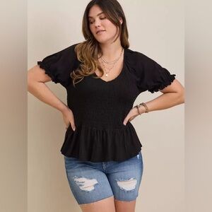 Torrid Cotton Modal Slub Smocked Short Sleeve Babydoll Blouse